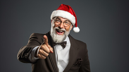 Man with a white beard, point with his finger to the side and wearing a Santa hat radiating festive joy and Christmas spirit.