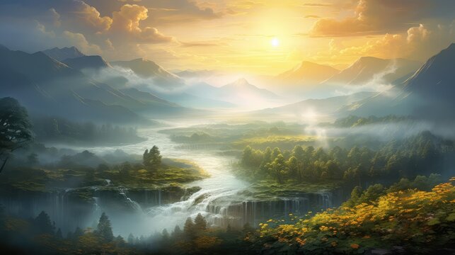 water sunshine river mist landscape illustration background forest, fog sunrise, sun light water sunshine river mist landscape