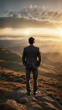 a businessman standing on top of a mountain, symbolizing leadership, challenge and the pursuit of opportunities as the weather changes. concept of leadership, challenge.