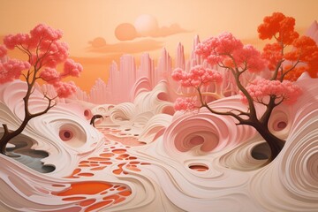 A surreal landscape painting on a wall, where abstract swirls of orange and pink depict a dreamy, otherworldly scene.