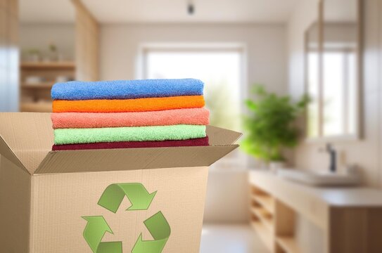 Clothes in a box and green recycle sign, AI generated image