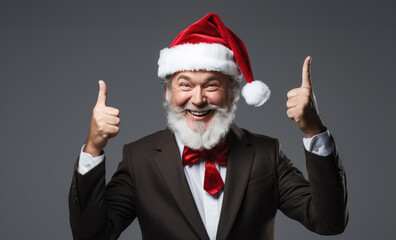 Fototapeta na wymiar Man with a white beard, point with his finger to the side and wearing a Santa hat radiating festive joy and Christmas spirit.