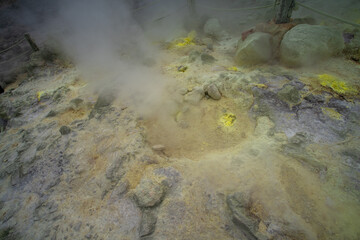 Mount Iou, or Iwo, a volcano in the Akan Volcanic Complex sits within the borders of the town of Teshikaga, known as Atosanupuri (Naked Mountain) for Ainu, Kushiro Subprefecture, Hokkaido, Japan