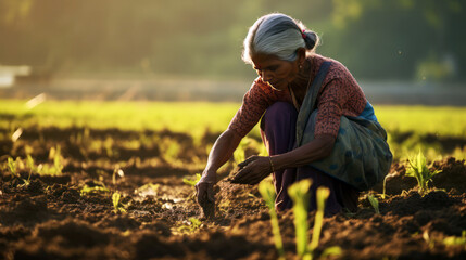 Indian woman farmer working in the field - obrazy, fototapety, plakaty