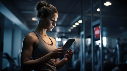 woman checking fitness app in smartphone in gym - obrazy, fototapety, plakaty