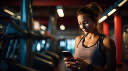 teen checking fitness app in smartphone in gym - obrazy, fototapety, plakaty