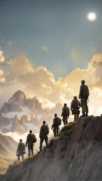 group of brave soldiers proudly lines up on the top of a mountain. concept of soldiers on mountain,military,mountain.