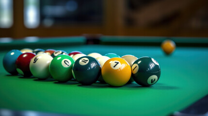 Billiard game, Billiard balls in a green pool table.
