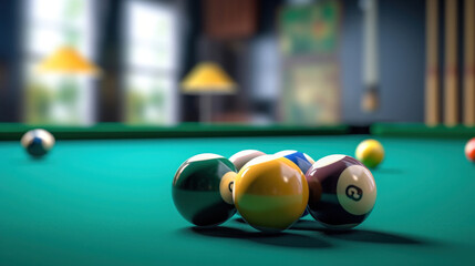 Billiard game, Billiard balls in a green pool table.