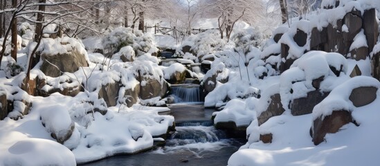In Japan the winter landscape is a beautiful combination of white snow green plants and icy rocks creating a picturesque backdrop for nature s splashes of water and delicate snow covered lea - obrazy, fototapety, plakaty