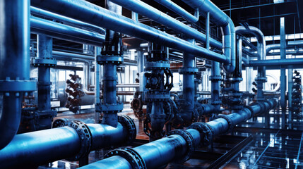 Steel water piping structure with circulation pumps and valves in industrial building.