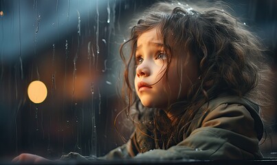 Dziewczynka w deszczu patrząca na krople spływające po oknie.  - obrazy, fototapety, plakaty