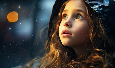 Dziewczynka w deszczu patrząca na krople spływające po oknie.  - obrazy, fototapety, plakaty