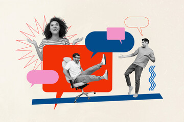 Creative trend collage of teamwork communication collaboration startup speech bubble surrealism...