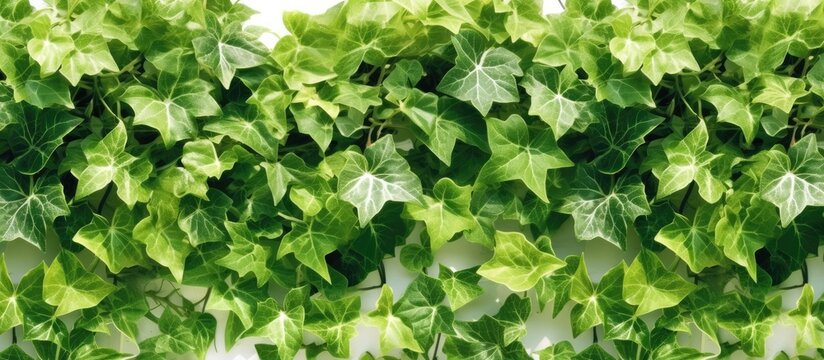 In an isolated garden a vibrant green Ivy known scientifically as Hedera Helix gracefully twines itself around a white frame creating an abstract pattern against the hanging white backgroun