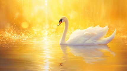 A vibrant, sunflower-yellow background with a single, elegant white swan gracefully gliding on a crystal-clear lake, captured under the golden rays of the sun, its feathers glistening in the light.