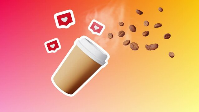 Pop up coffee cup steam beans. Floating hot drink stop motion animation gradient. Energy sip Coffee to go bar shop levitating beverage sale discount. Flying latte Brand advertising Social media design