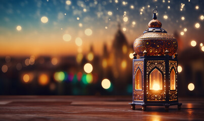 Oriental lantern with candle, lamp with arabic decoration, arabesque design. Concept for islamic celebration day ramadan kareem or eid al fitr adha. Muslim, tradition, religion.