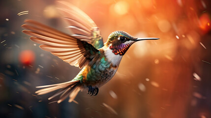 Naklejka premium A mesmerizing close-up of a hummingbird mid-hover, with wings in blurred motion Ai Generative
