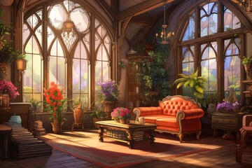 A classic living room interior adorned with sunlight and flowers, creating a warm and inviting ambiance