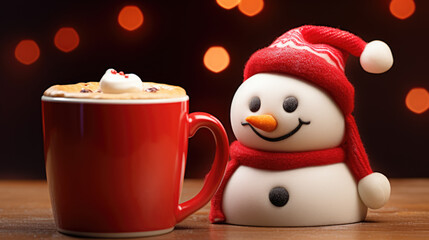 A cheerful plush snowman sits beside a red mug filled with cocoa and marshmallows, all against a warm and sparkling Christmas light background.