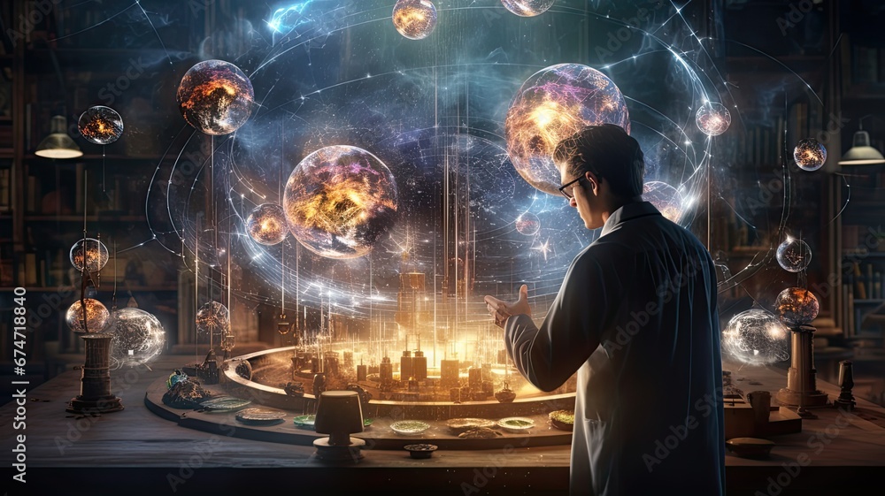 Poster a scientist conducting experiments with quantum particles, emphasizing the scientific foundation of 