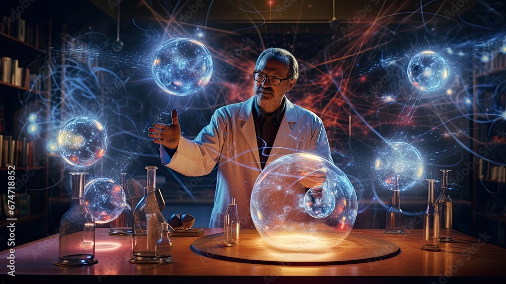 Poster a scientist conducting experiments with quantum particles, emphasizing the scientific foundation of 