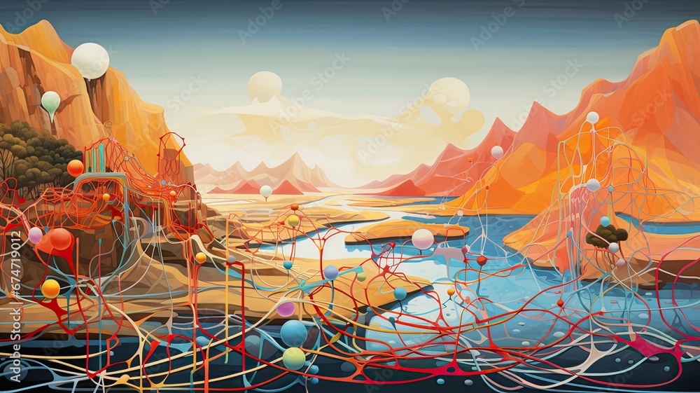 Poster an abstract landscape with interconnected strings and membranes, representing the complex and interc
