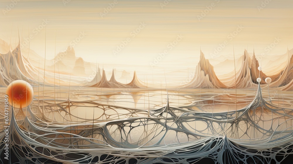 Poster an abstract landscape with interconnected strings and membranes, representing the complex and interc