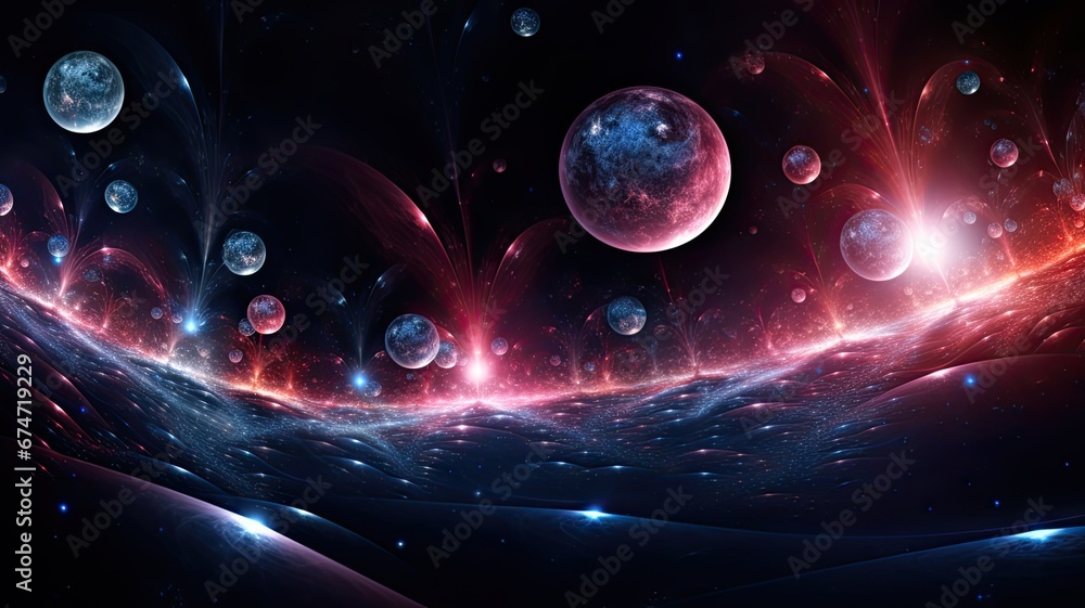 Poster a bubble universe emerging from the fabric of space, illustrating the idea of universes forming with