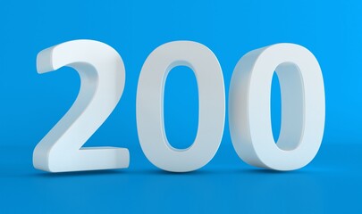 Number 200 in white on light blue background, isolated number. Two hundred 3d word.