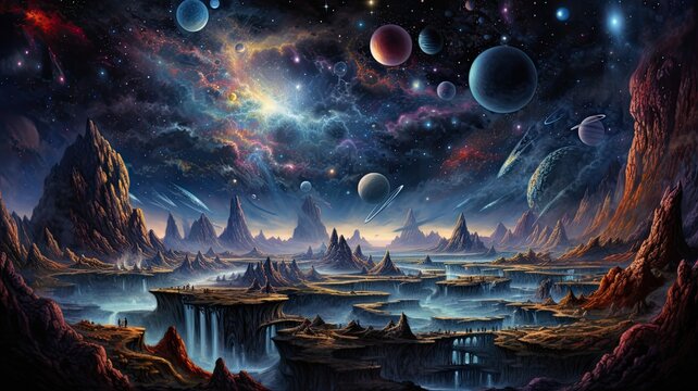 A cosmic landscape with variations in fundamental constants, showcasing the diverse possibilities of multiverse scenarios