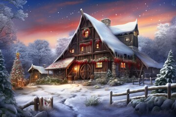 Snow covered rustic barn in a winter wonderland, Christmas New Year image - obrazy, fototapety, plakaty