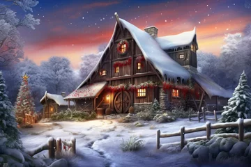 Fototapeten Snow covered rustic barn in a winter wonderland, Christmas New Year image © Ingenious Buddy 