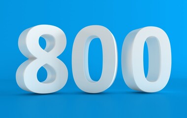 Number 800 in white on light blue background, isolated number. Eight hundred 3D Number.