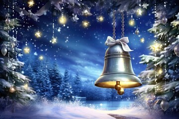 Christmas silver bell jingle on ribbon, Christmas New Year image - obrazy, fototapety, plakaty