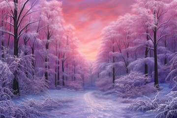Pink and purple dawn sky over winter forest, Christmas New Year image