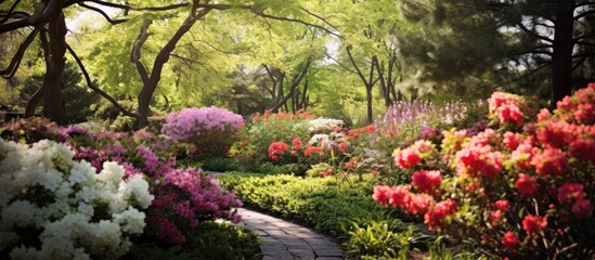 Fototapeta na wymiar In the background of a lush garden colorful flowers blossom adding to the beauty of nature s green hues and creating a vibrant and breathtaking display that embodies the beauty of the spring