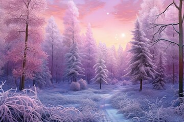 Pink and purple dawn sky over winter forest, Christmas New Year image