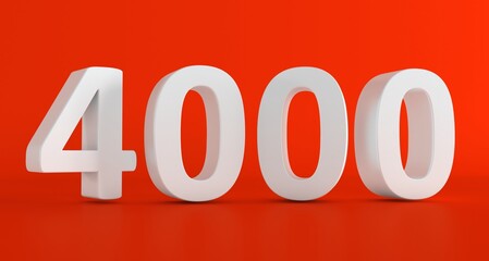 Number 4000 in white on light black background, isolated number. Four thousand 3D Number.
