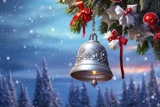 Christmas silver bell jingle on ribbon, Christmas New Year image