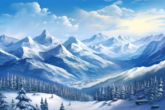 Snow capped mountain range panorama, Christmas New Year image