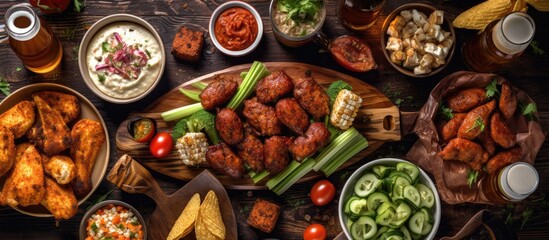 During the football game party everyone enjoyed the delicious food spread featuring beer wings...