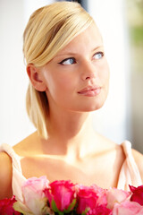 Woman, bouquet and pink roses with thinking, memory or idea for decision, choice and present on...