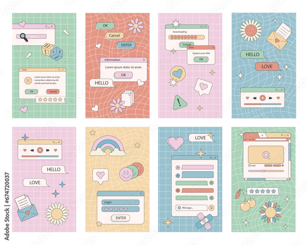 Fototapete Social media post in old school nostalgic design. Retro 80s 90s aesthetic backdrops, vintage backgrounds with old computer user interface. Set of square poster templates in vaporwave Y2K style. Vector