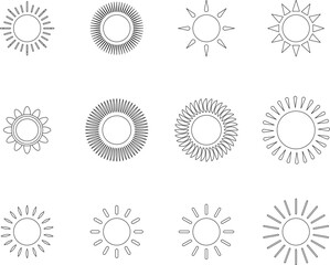 Sun icon set. Sun line star icons or logo collection. Summer, sunlight, sunset, sunburst. Vector illustration.