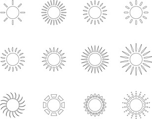 Sun icon set. Sun line star icons or logo collection. Summer, sunlight, sunset, sunburst. Vector illustration.