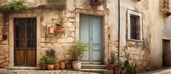 Fototapeta na wymiar In Italy the old stone house with its vintage windows and door showcases a beautiful blend of retro design and architectural charm standing tall on a picturesque street capturing the essence
