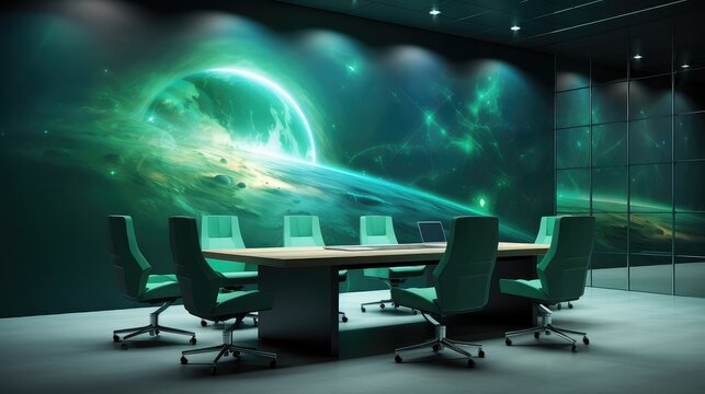 technology space office green background illustration man star, black character, world innovation technology space office green background