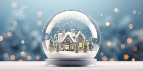 Fototapeta na wymiar Happy New Year and Merry Christmas, Xmas with trees and house, Glass snow globe, Festive Christmas object, Holiday poster, generative ai